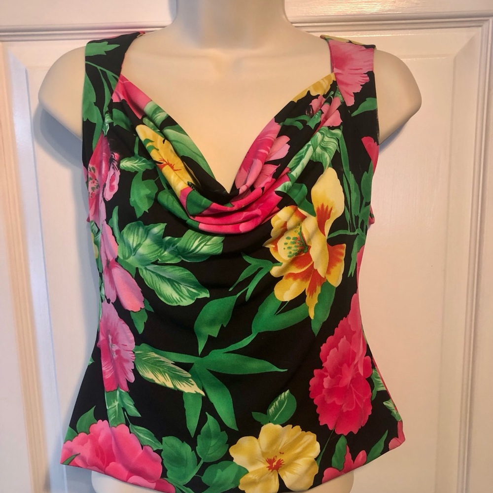 Cache Bright Floral Sleeveless Top - Drape Front with a Cut-Out Back